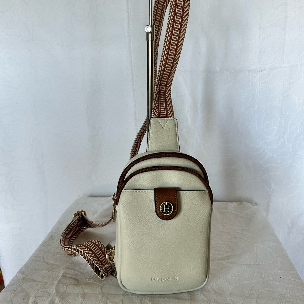 NWOT BOSTANTEN PU leather Cream and Brown Crossbody Bag - Picture 1 of 9
